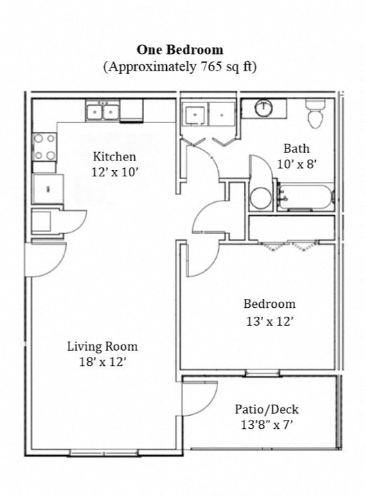 Floor plan for 1 bed, 1 bath, 765 sqft